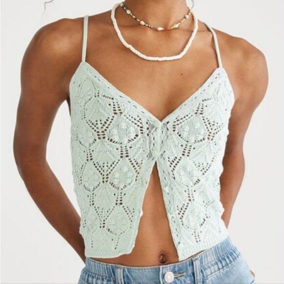 Light Mint Crochet Button-Up Crop Top- Size M - Picture 1 of 4